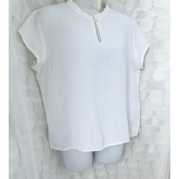 Eileen Fisher Large 100% Linen cream short sleeve top blouse Mandarin collar - Picture 2 of 10